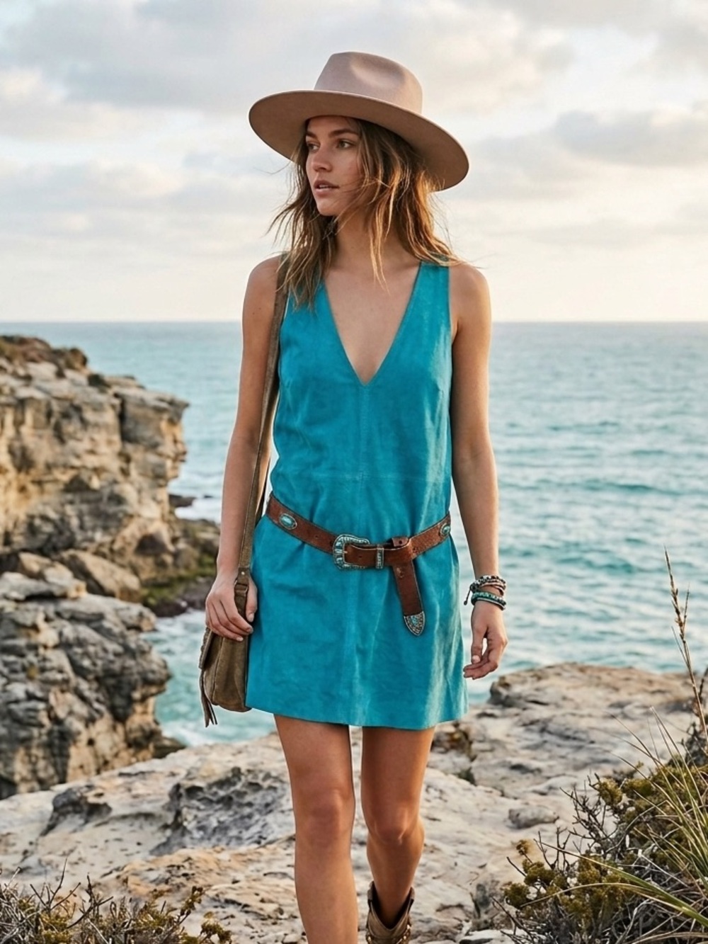 Free People 100% Cow Suede V-Neck Mini Dress- Festival Boho Coastal Western-Med